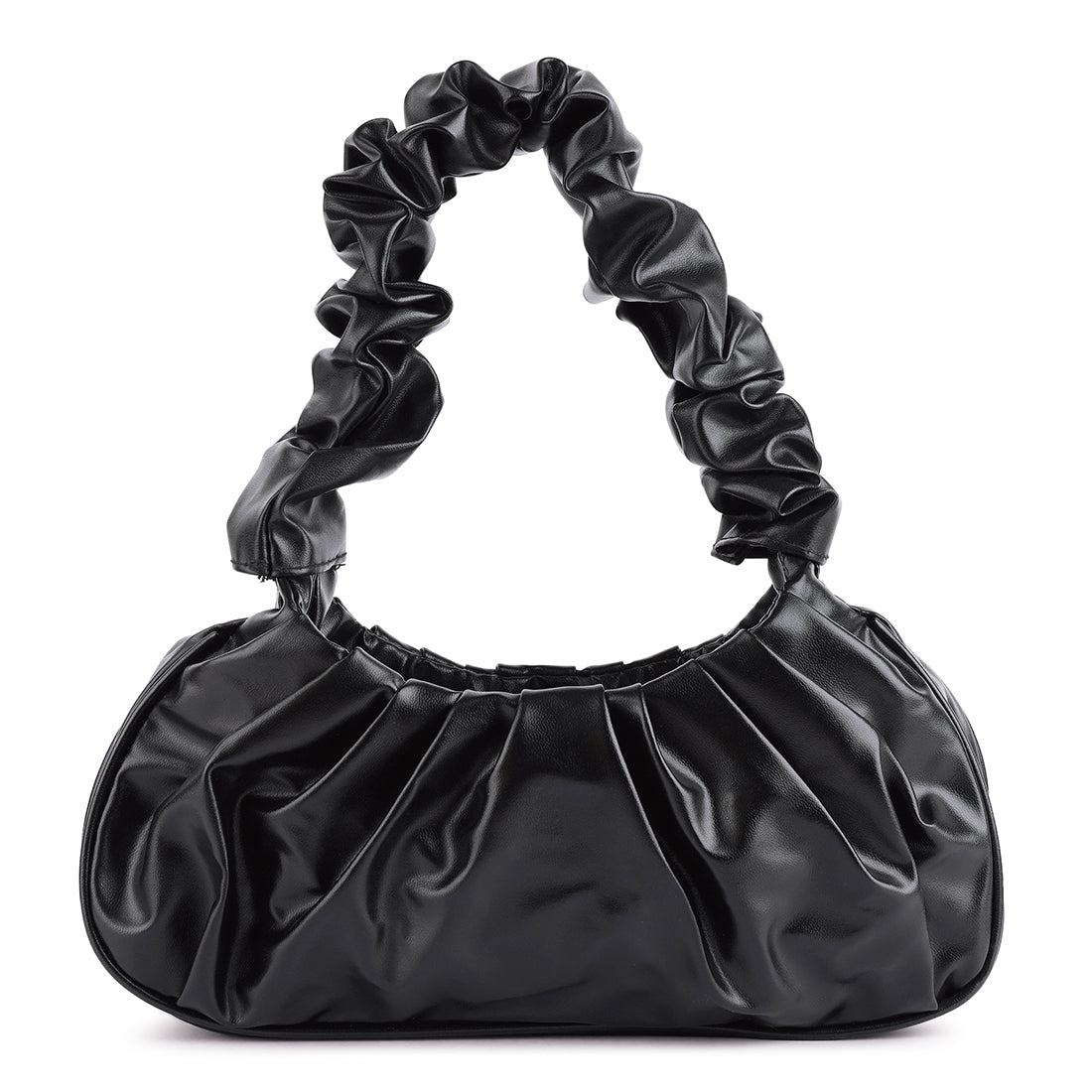 Elegant black handheld hobo bag made from rich PU, featuring a gathered design and magnetic snap closure.