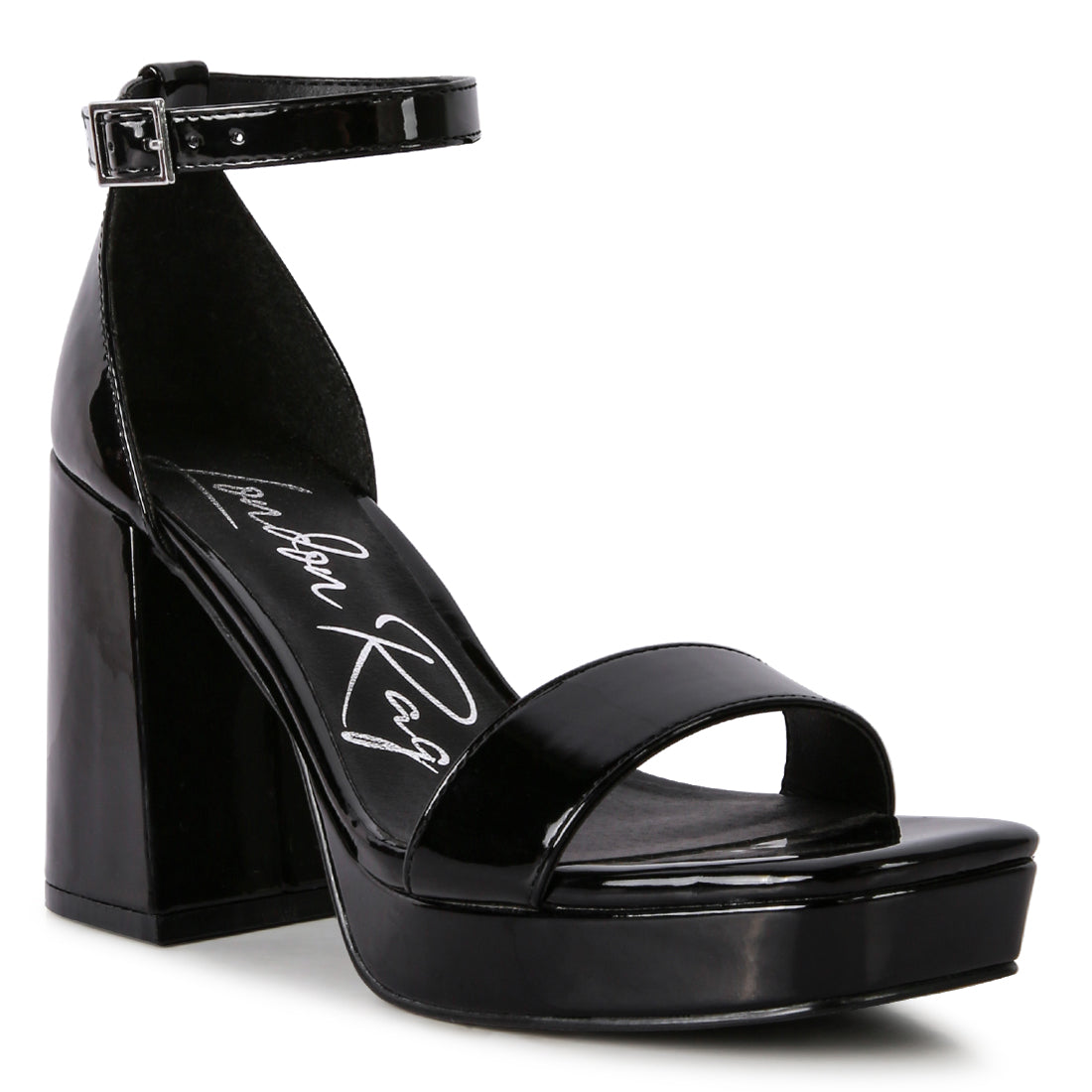 Elegant black high block heeled platform sandals with shiny patent PU finish and square-cut toe design.