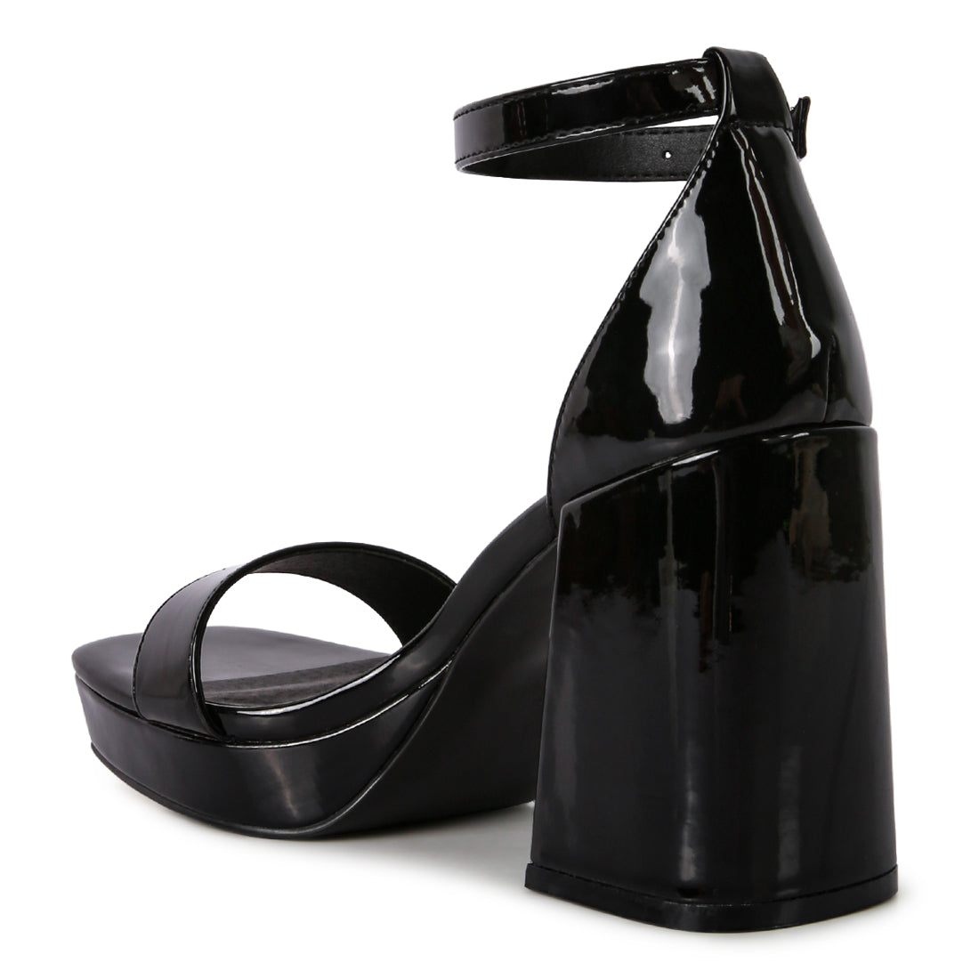 Elegant black high block heeled platform sandals with shiny patent PU finish and square-cut toe design.