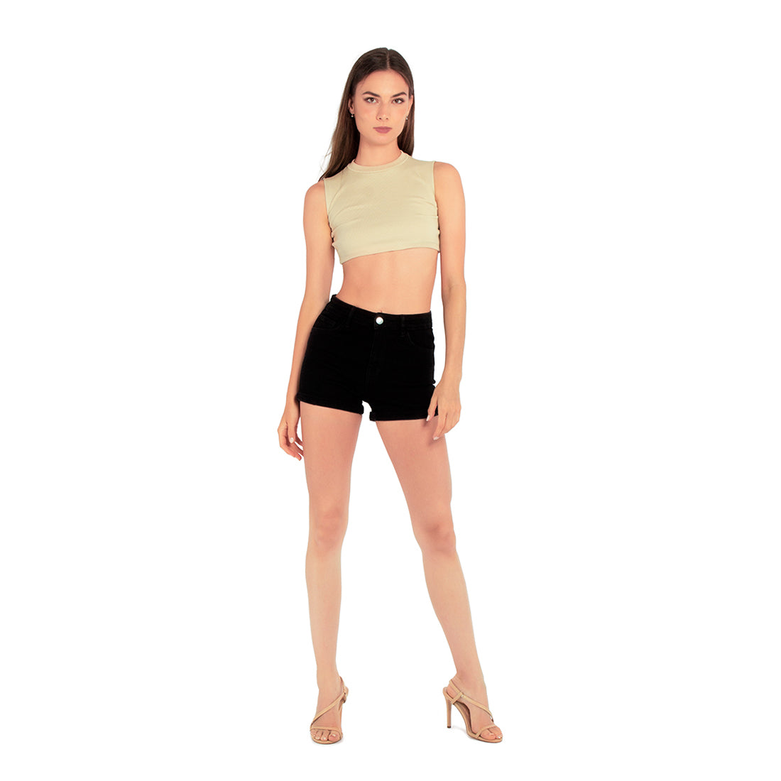 A pair of stylish black high waist rolled hem shorts with five pockets, showcasing a trendy design suitable for summer wear.