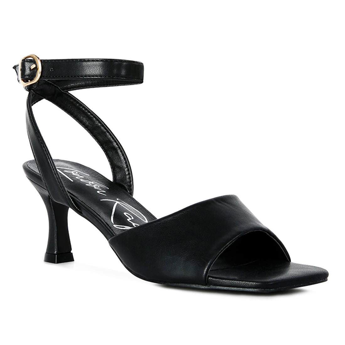 A pair of stylish black mid heel ankle strap sandals with an open square toe design, featuring a kitten heel and cushioned innersole.