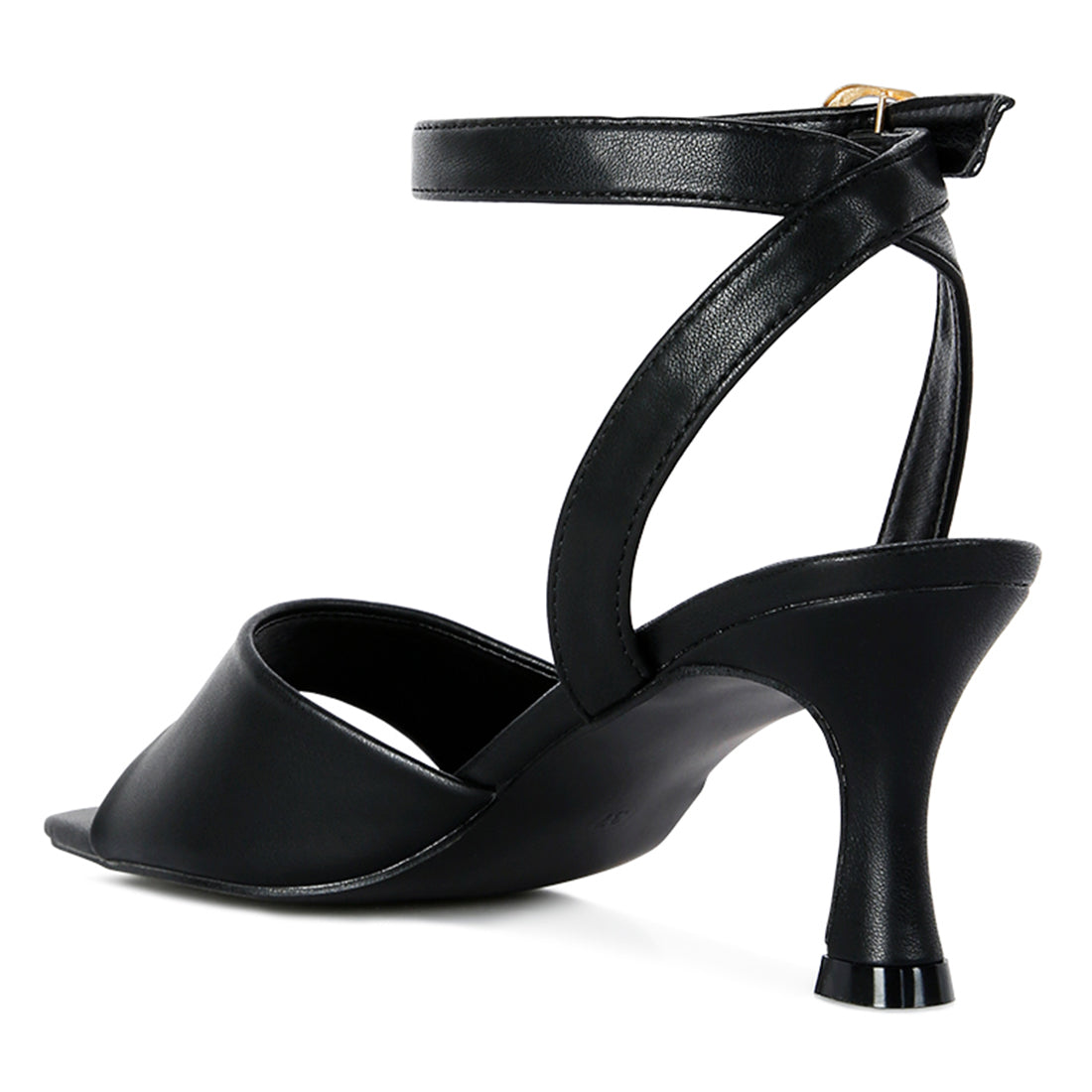 A pair of stylish black mid heel ankle strap sandals with an open square toe design, featuring a kitten heel and cushioned innersole.