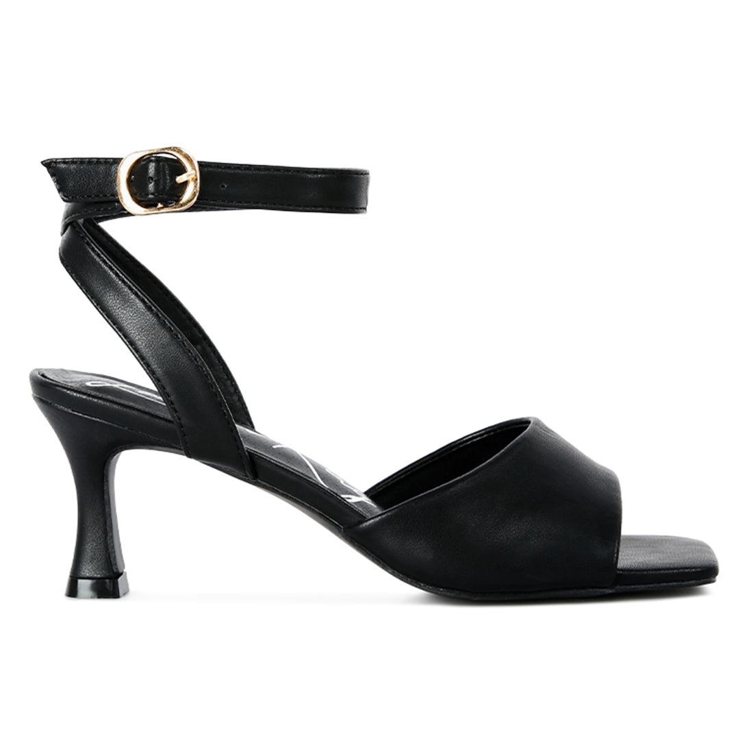 A pair of stylish black mid heel ankle strap sandals with an open square toe design, featuring a kitten heel and cushioned innersole.