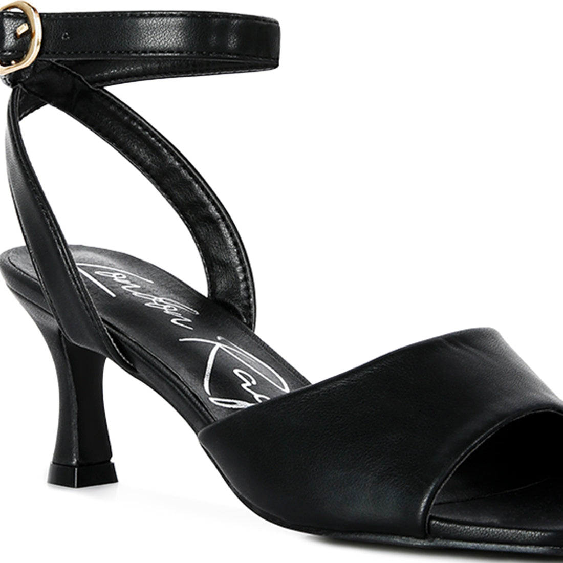 A pair of stylish black mid heel ankle strap sandals with an open square toe design, featuring a kitten heel and cushioned innersole.