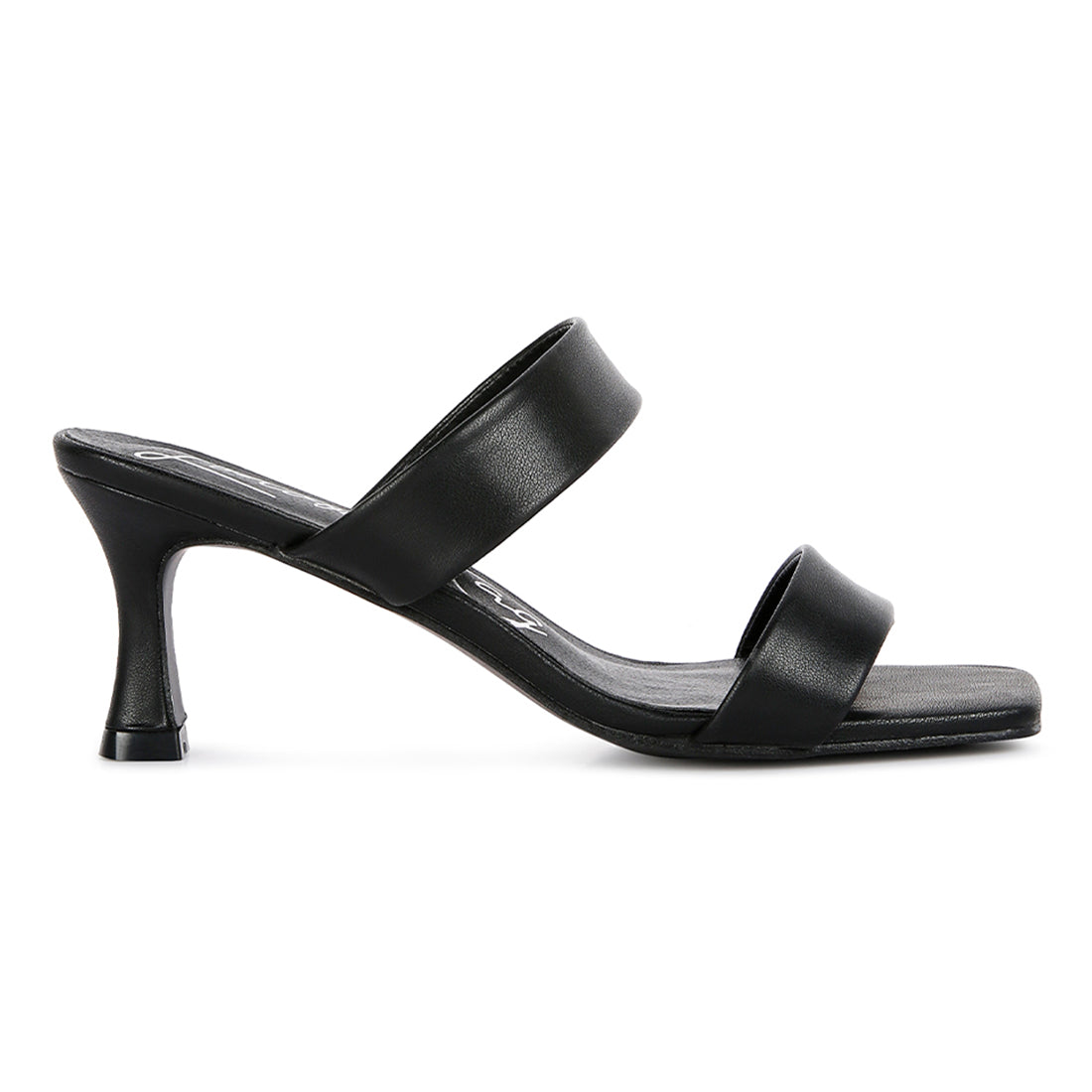 Stylish black mid heel sandals with two straps and open square toe design, perfect for casual outfits.