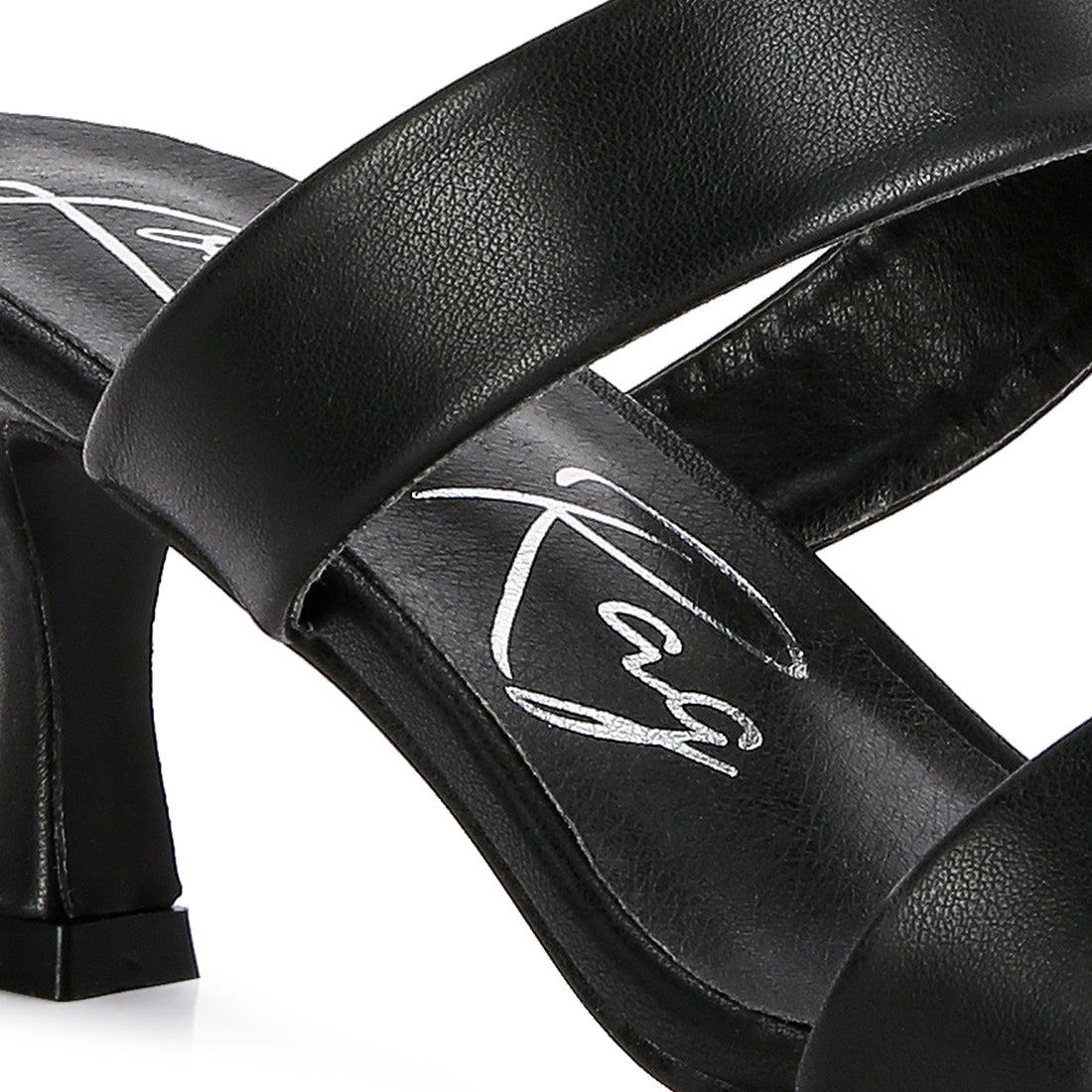 Stylish black mid heel sandals with two straps and open square toe design, perfect for casual outfits.