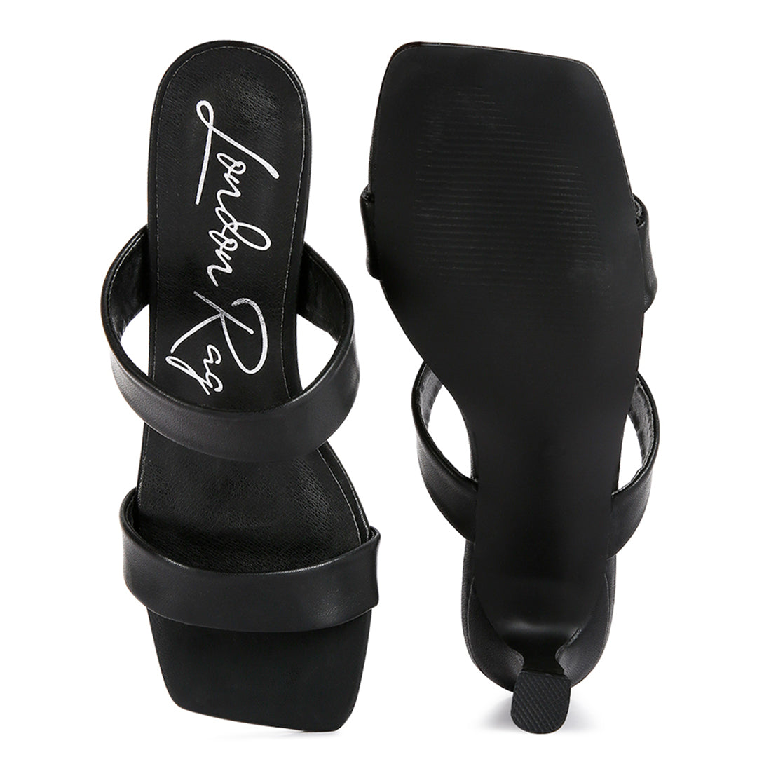 Stylish black mid heel sandals with two straps and open square toe design, perfect for casual outfits.