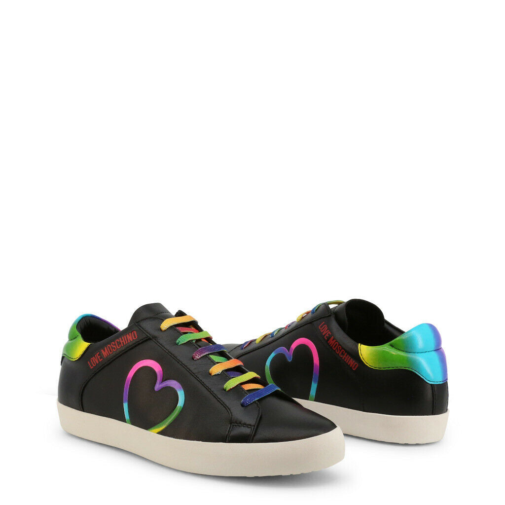 Black Rainbow Sneakers by Love Moschino featuring colorful rainbow hearts and laces, designed for comfort with a stylish leather upper.