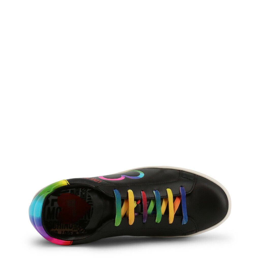 Black Rainbow Sneakers by Love Moschino featuring colorful rainbow hearts and laces, designed for comfort with a stylish leather upper.