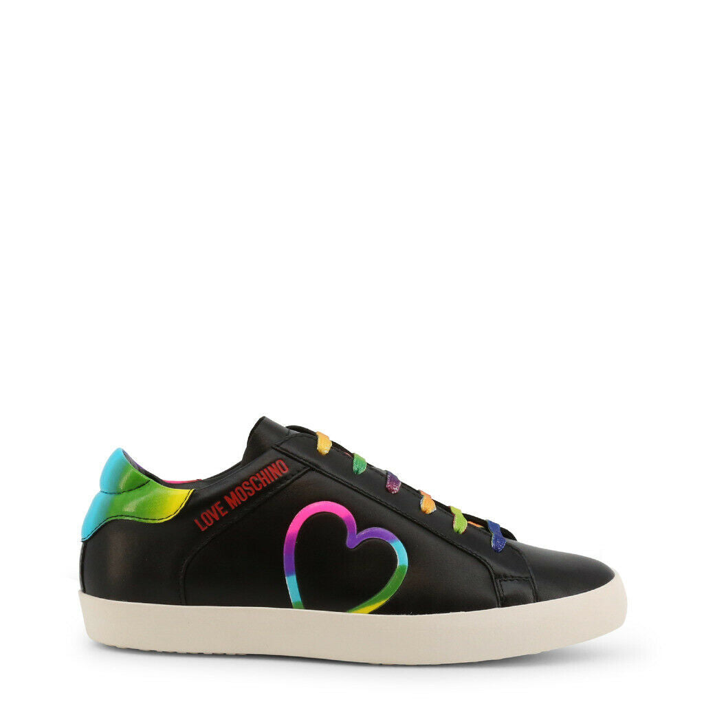 Black Rainbow Sneakers by Love Moschino featuring colorful rainbow hearts and laces, designed for comfort with a stylish leather upper.