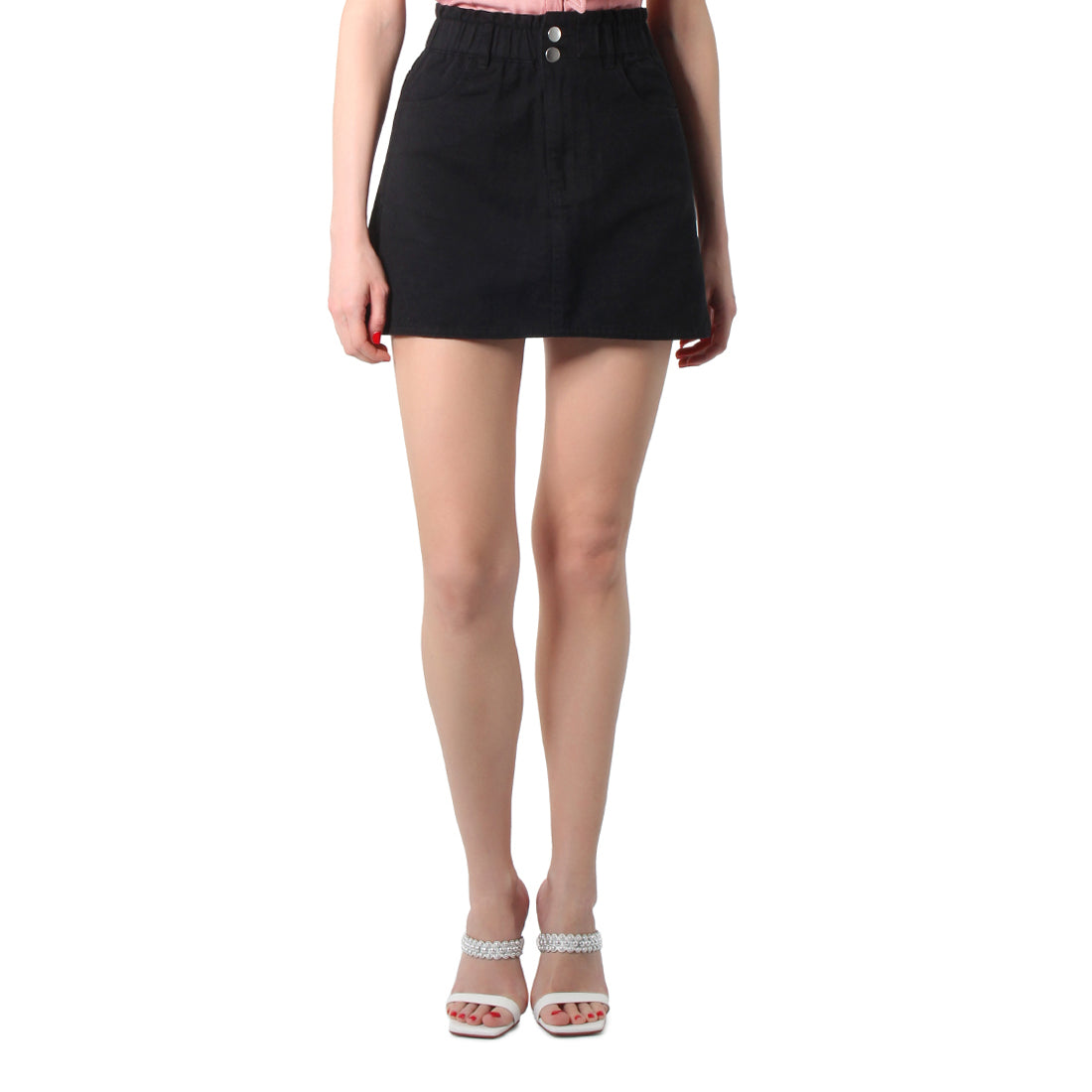 Black raw hem denim skirt featuring mid-rise fit and multiple pockets, perfect for casual and stylish outfits.