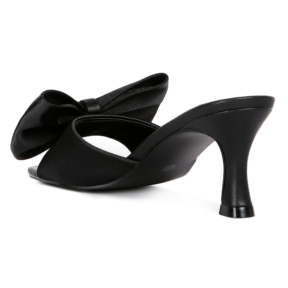 A pair of elegant black satin kitten heel sandals featuring a large bow on top, perfect for stylish occasions.