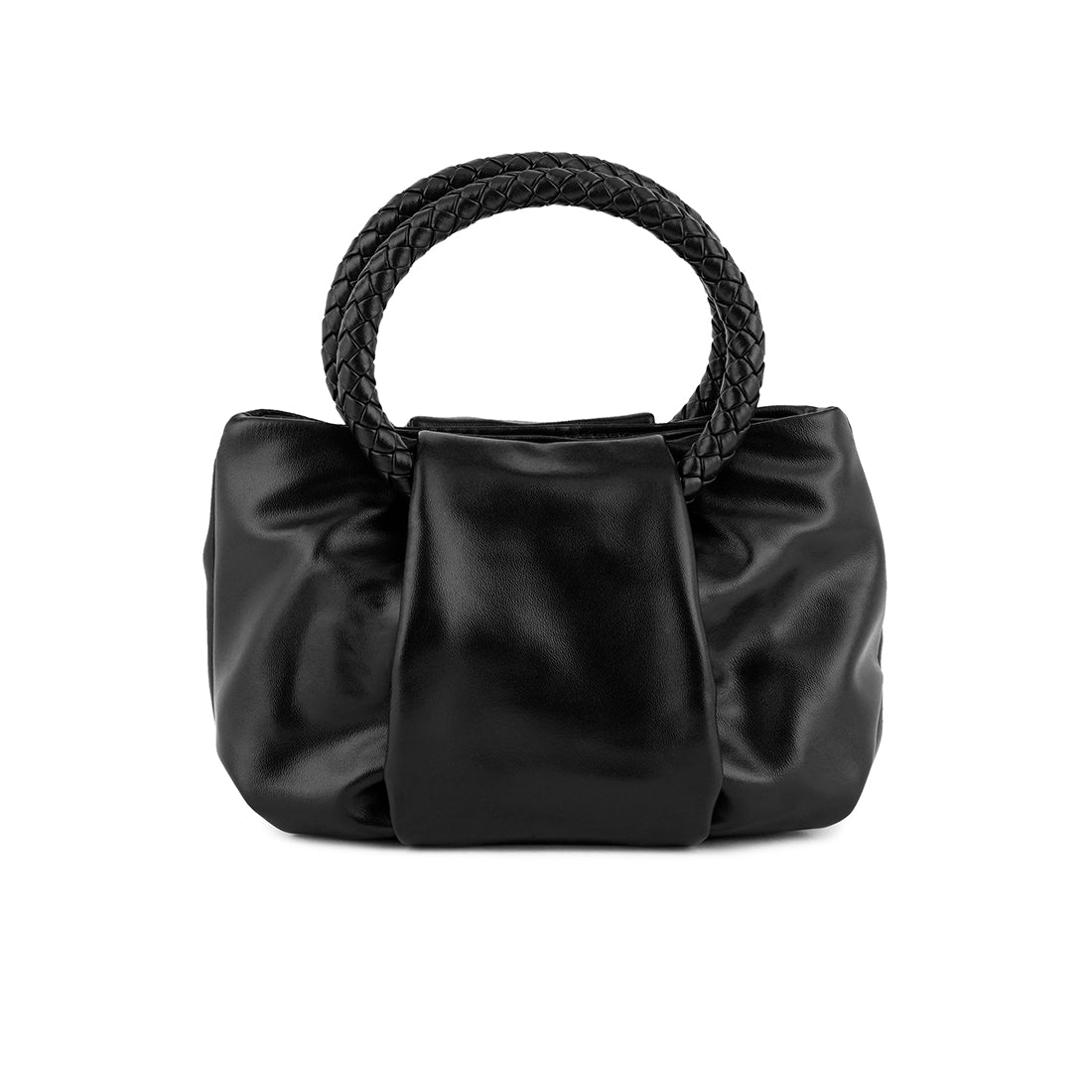 Elegant black soft handbag made of PU with a round braided handle and detachable metallic chain strap.