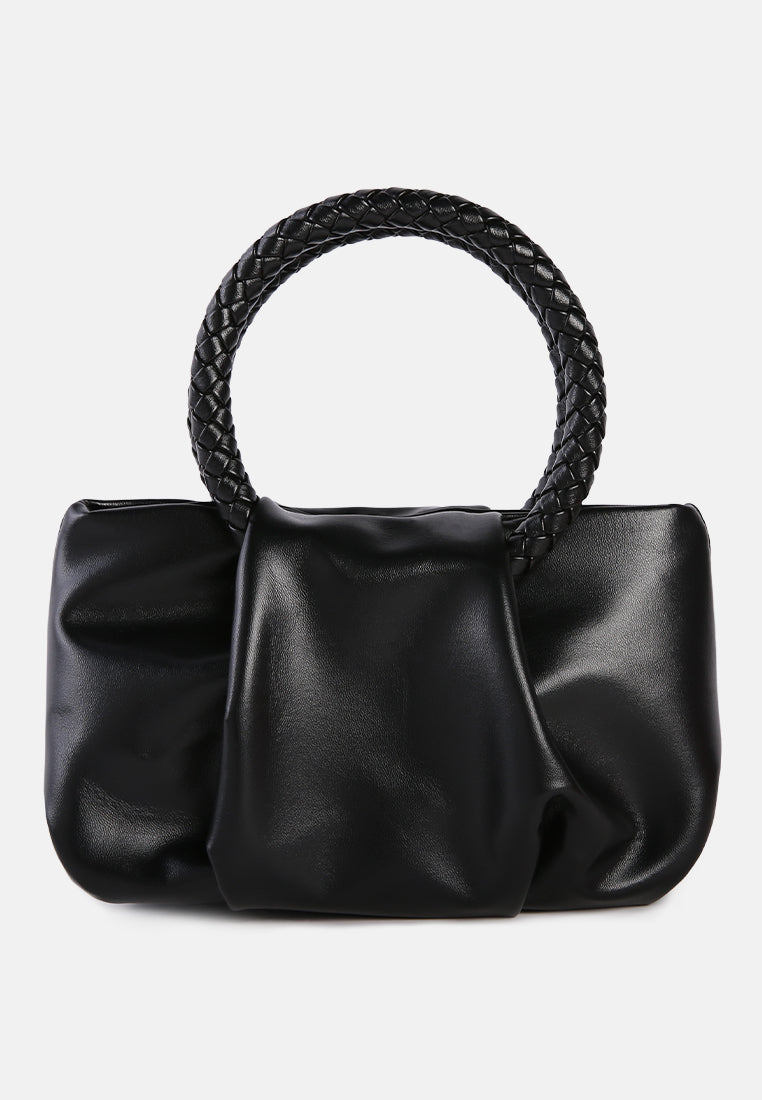 Elegant black soft handbag made of PU with a round braided handle and detachable metallic chain strap.