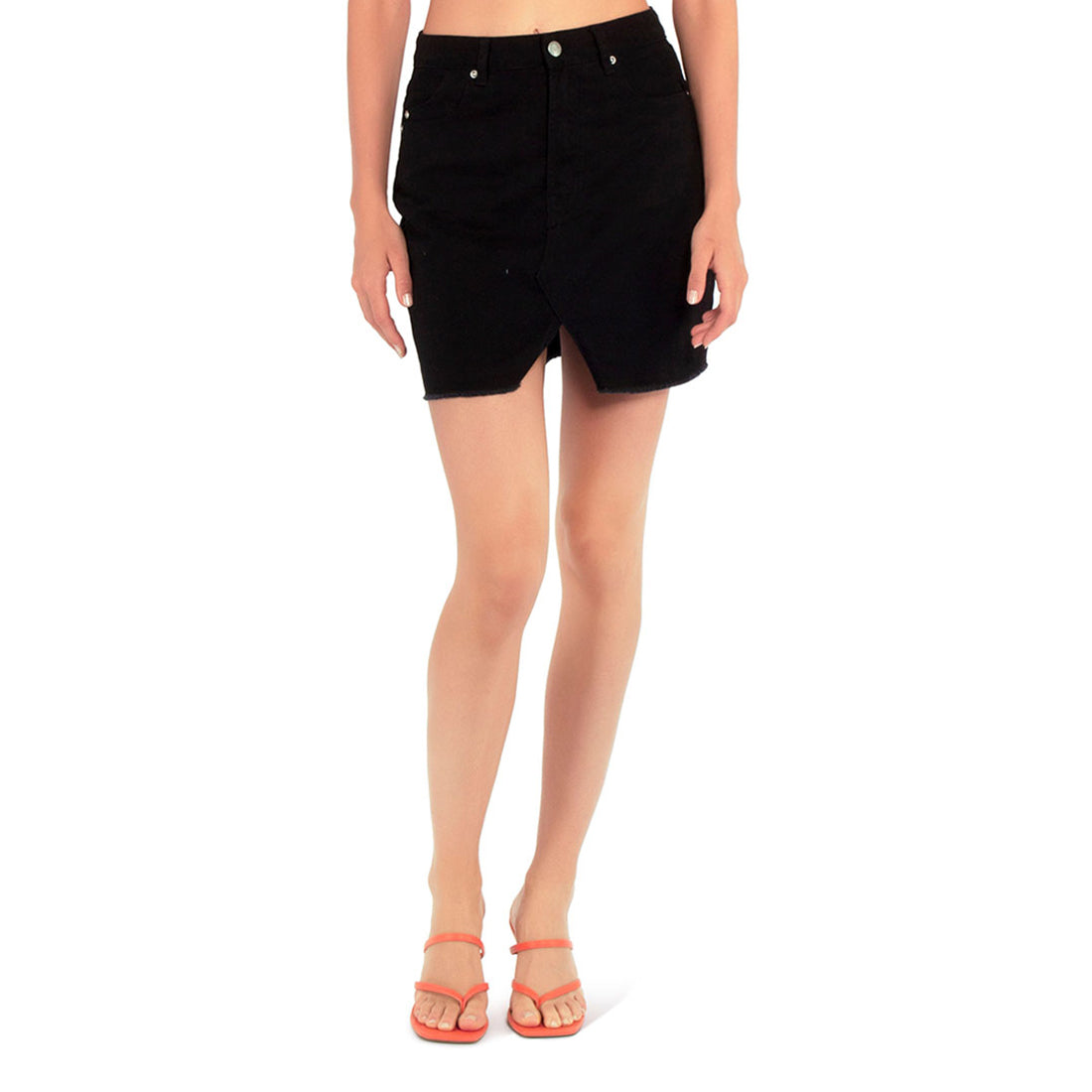 Black distressed denim mini skirt featuring a split front and raw hem, designed for a flirty summer look.