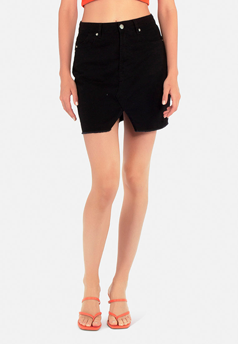 Black distressed denim mini skirt featuring a split front and raw hem, designed for a flirty summer look.