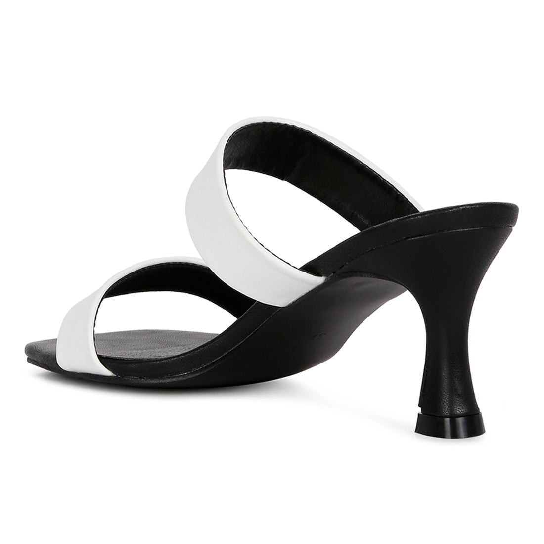 Elegant Black & White Mid Heel Sandals with kitten heels and two strap design, perfect for casual outfits.