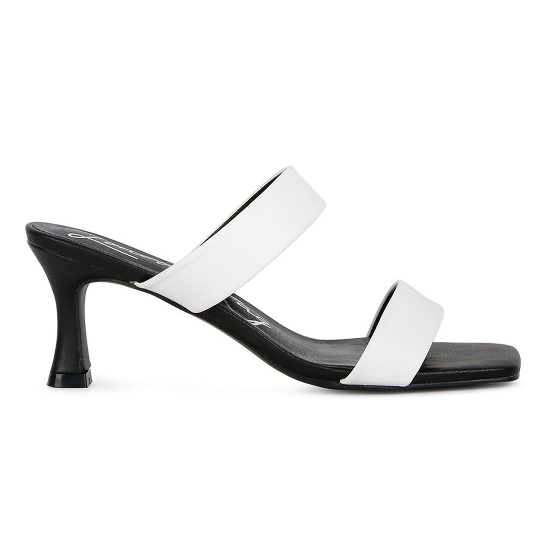 Elegant Black & White Mid Heel Sandals with kitten heels and two strap design, perfect for casual outfits.