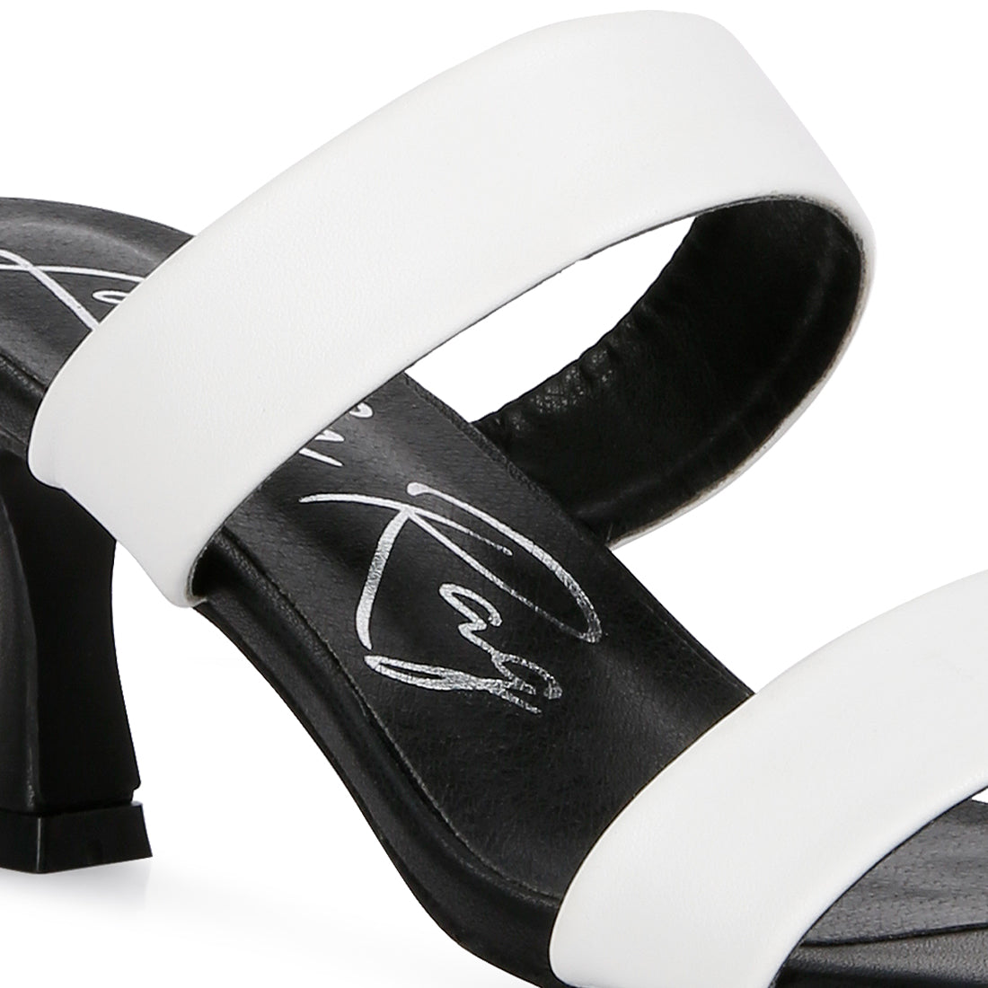 Elegant Black & White Mid Heel Sandals with kitten heels and two strap design, perfect for casual outfits.