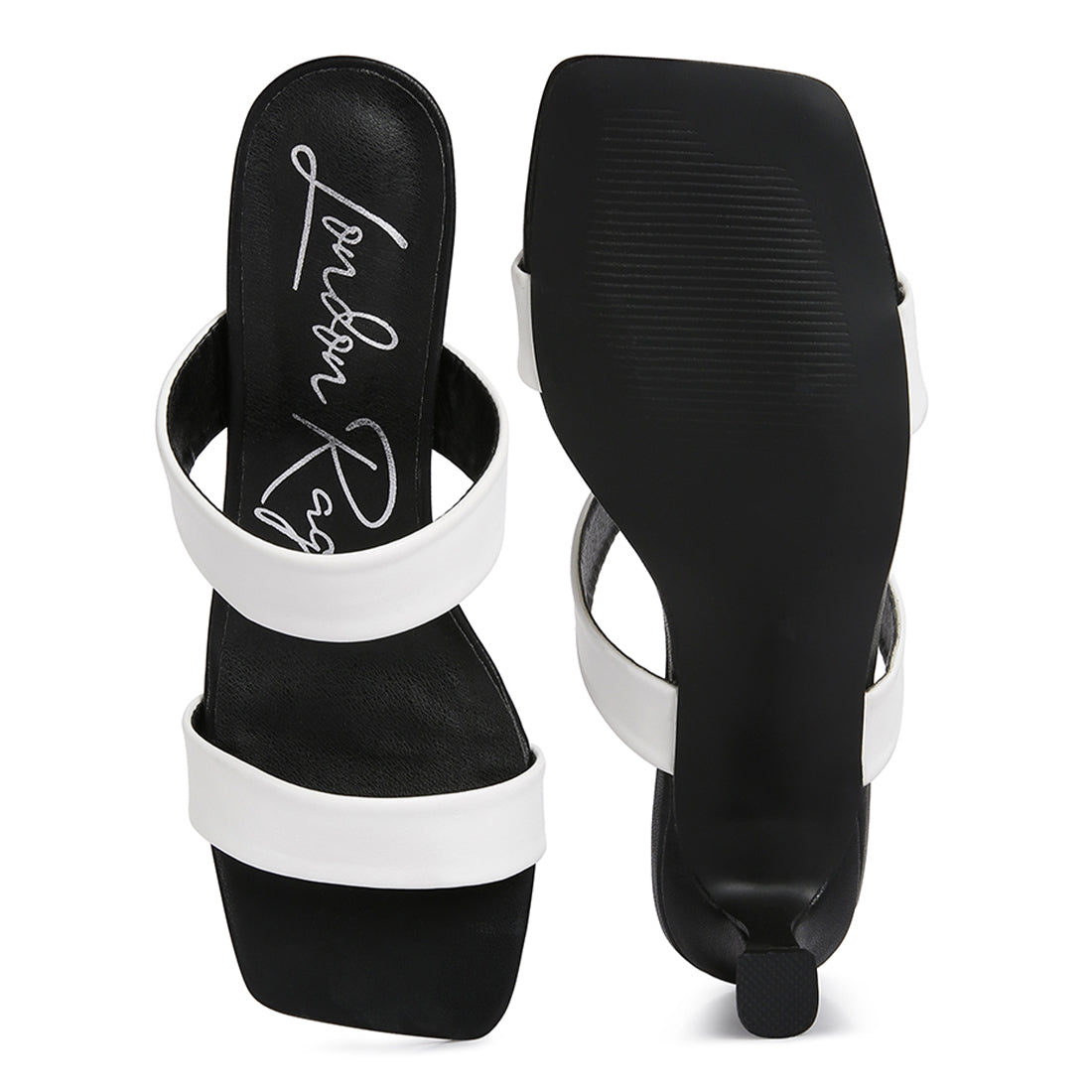 Elegant Black & White Mid Heel Sandals with kitten heels and two strap design, perfect for casual outfits.