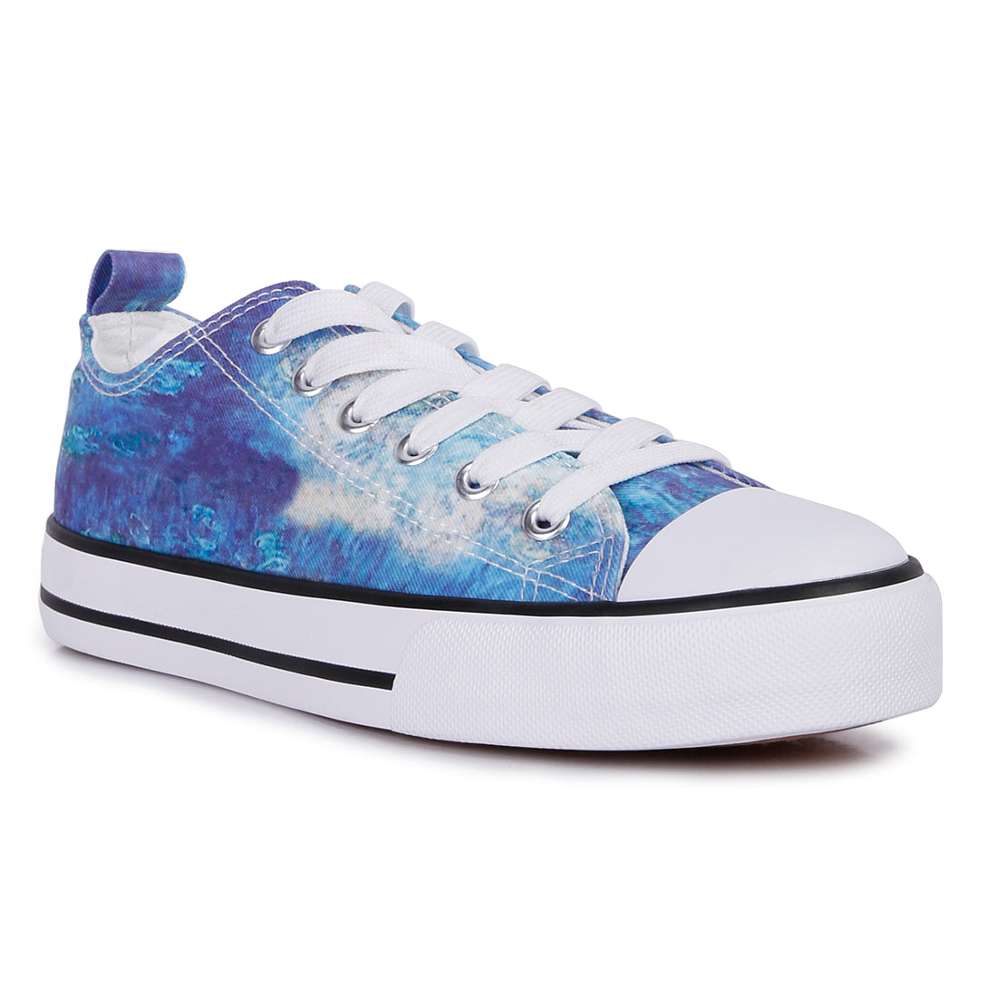 A pair of blue tie dye canvas sneakers with lace-up design and soft cushion innersole, perfect for casual wear.