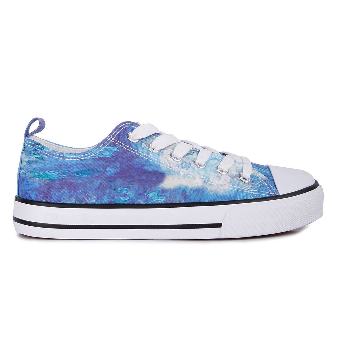 A pair of blue tie dye canvas sneakers with lace-up design and soft cushion innersole, perfect for casual wear.