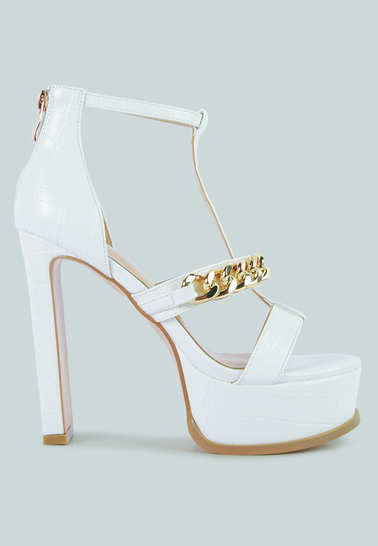 Bonita Metal Chain Zip Up Sandals featuring a T strap design, high block heel, and shiny metal chain detail.