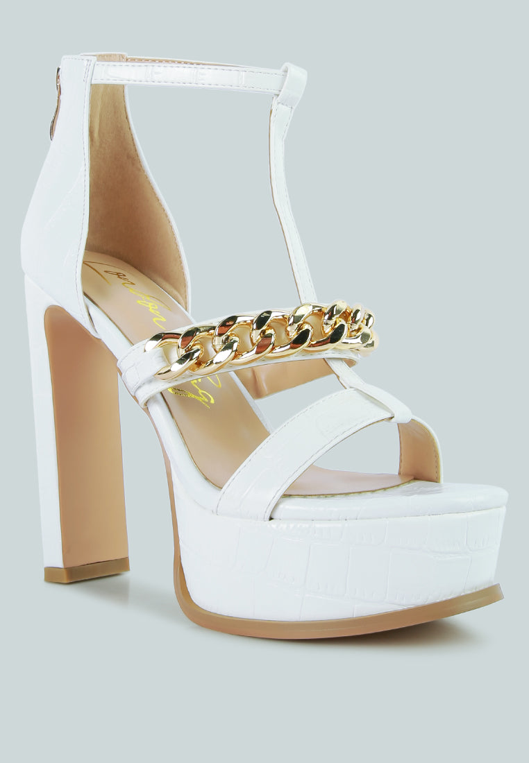 Bonita Metal Chain Zip Up Sandals featuring a T strap design, high block heel, and shiny metal chain detail.