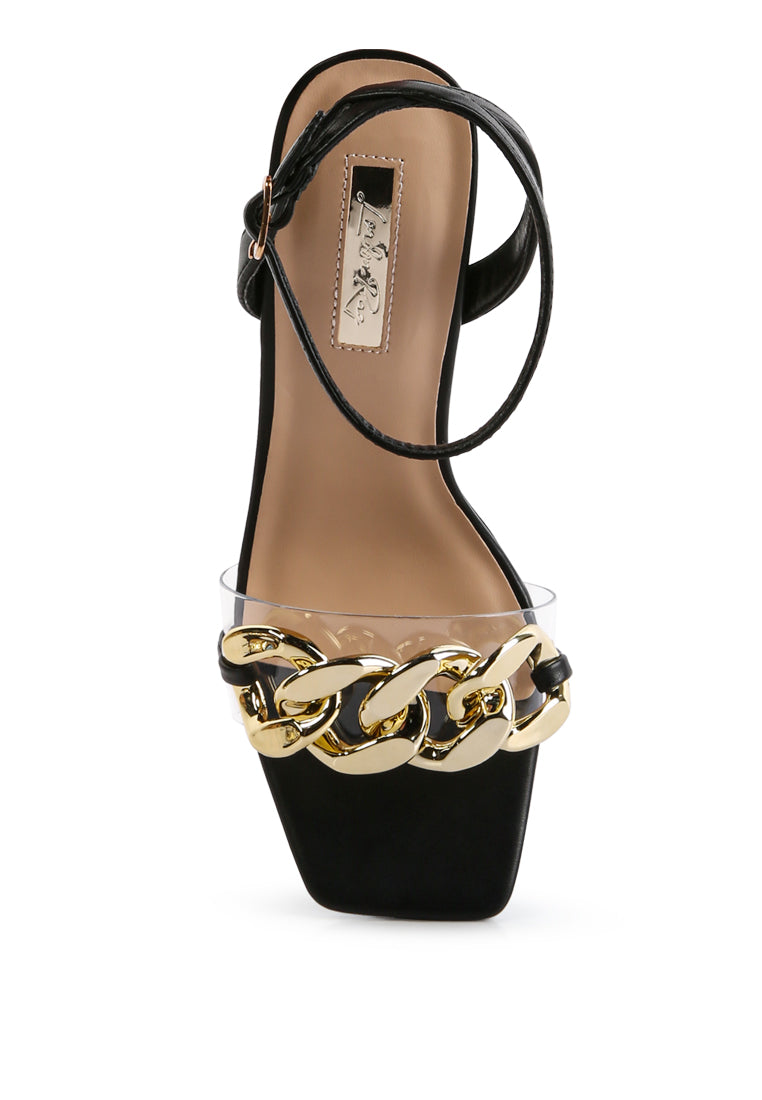 Elegant Bottom Kiss Chain Strap Italian Block Heel Sandals with chunky chain detail and ankle strap, showcasing stylish design and comfort.