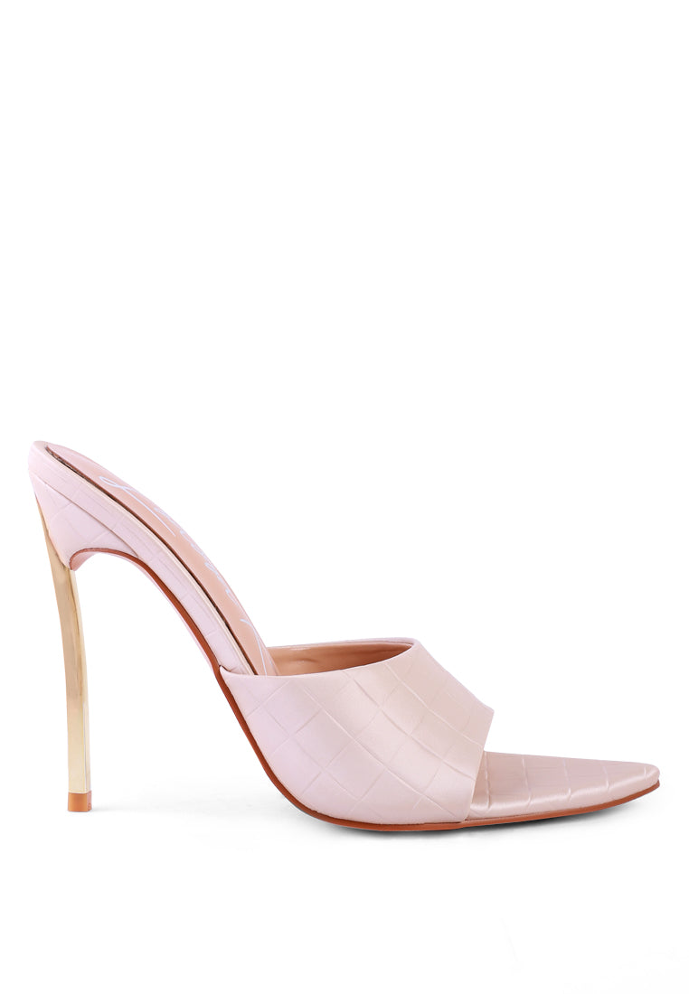 Elegant Bottoms Up Strappy Slip On Stiletto Heels featuring moon cut straps and a sleek patent faux leather finish.