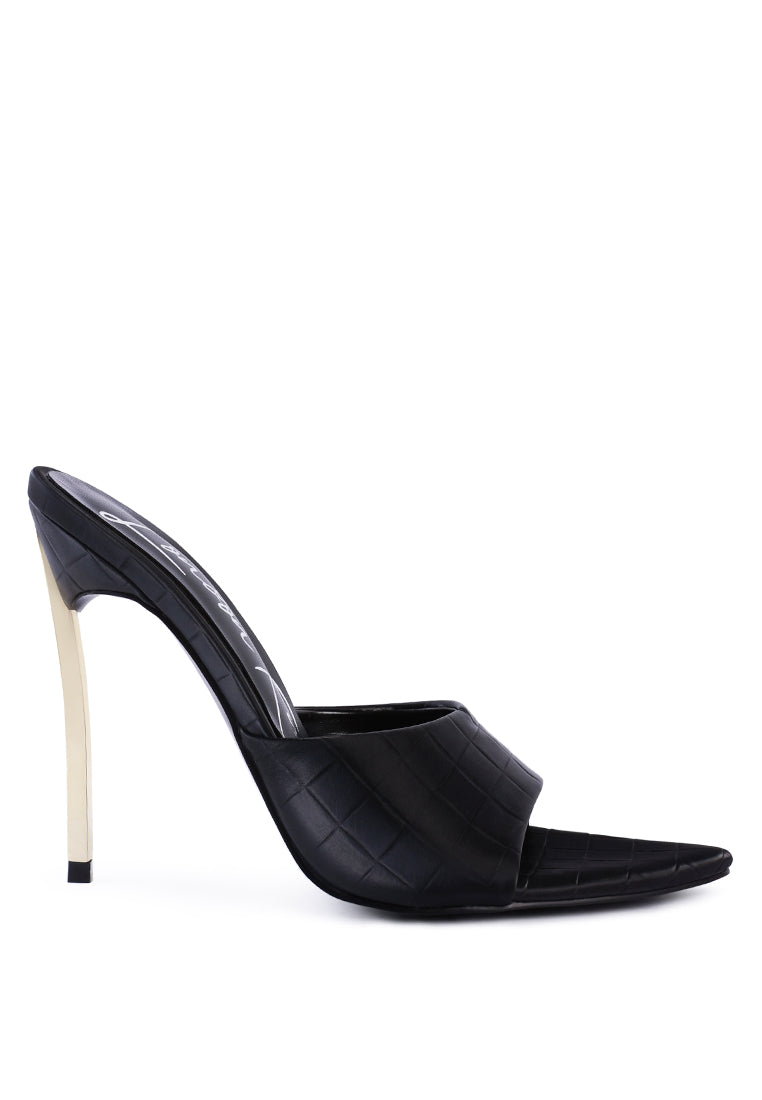 Elegant Bottoms Up Strappy Slip On Stiletto Heels featuring moon cut straps and a sleek patent faux leather finish.