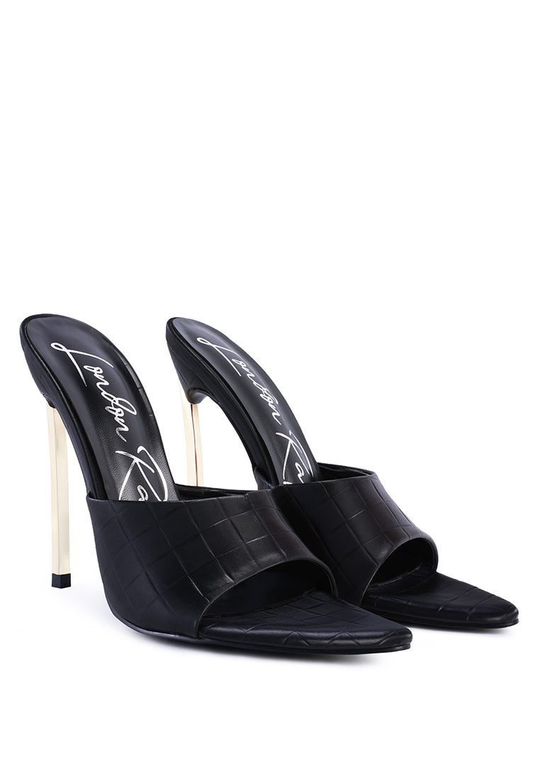 Elegant Bottoms Up Strappy Slip On Stiletto Heels featuring moon cut straps and a sleek patent faux leather finish.