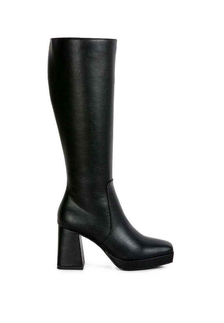 Bouts High Calf Block Heel Boots featuring a sleek patent PU finish, side zipper, and ankle platform block heel design.