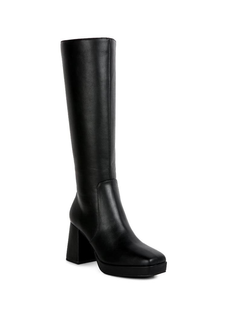 Bouts High Calf Block Heel Boots featuring a sleek patent PU finish, side zipper, and ankle platform block heel design.