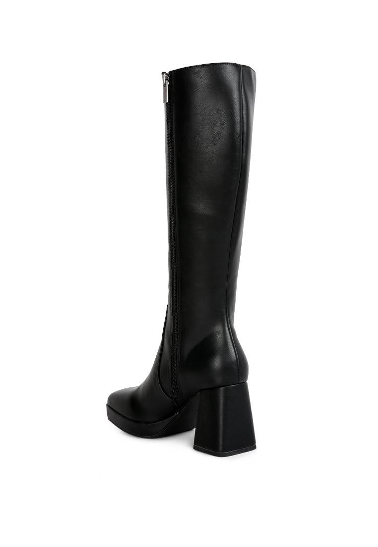 Bouts High Calf Block Heel Boots featuring a sleek patent PU finish, side zipper, and ankle platform block heel design.