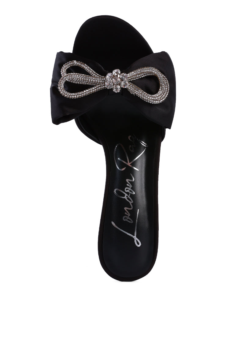 Brag In Rhinestone Embellished Bow Satin Heels featuring a satin upper, rhinestone bow, and cushioned insoles, perfect for weddings and parties.