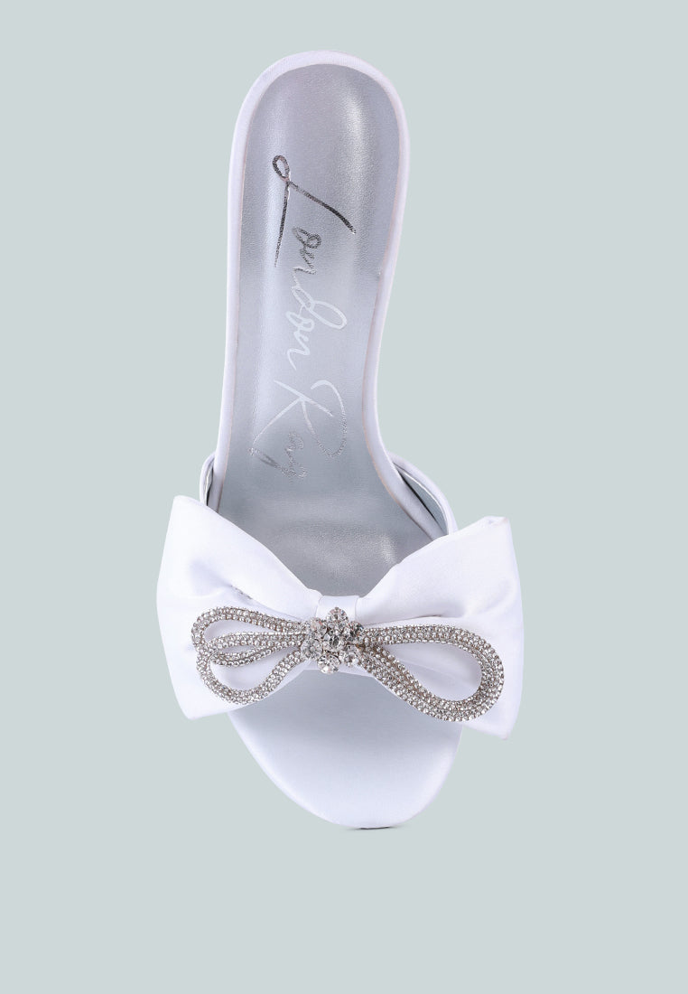 Brag In Rhinestone Embellished Bow Satin Heels featuring a satin upper, rhinestone bow, and cushioned insoles, perfect for weddings and parties.