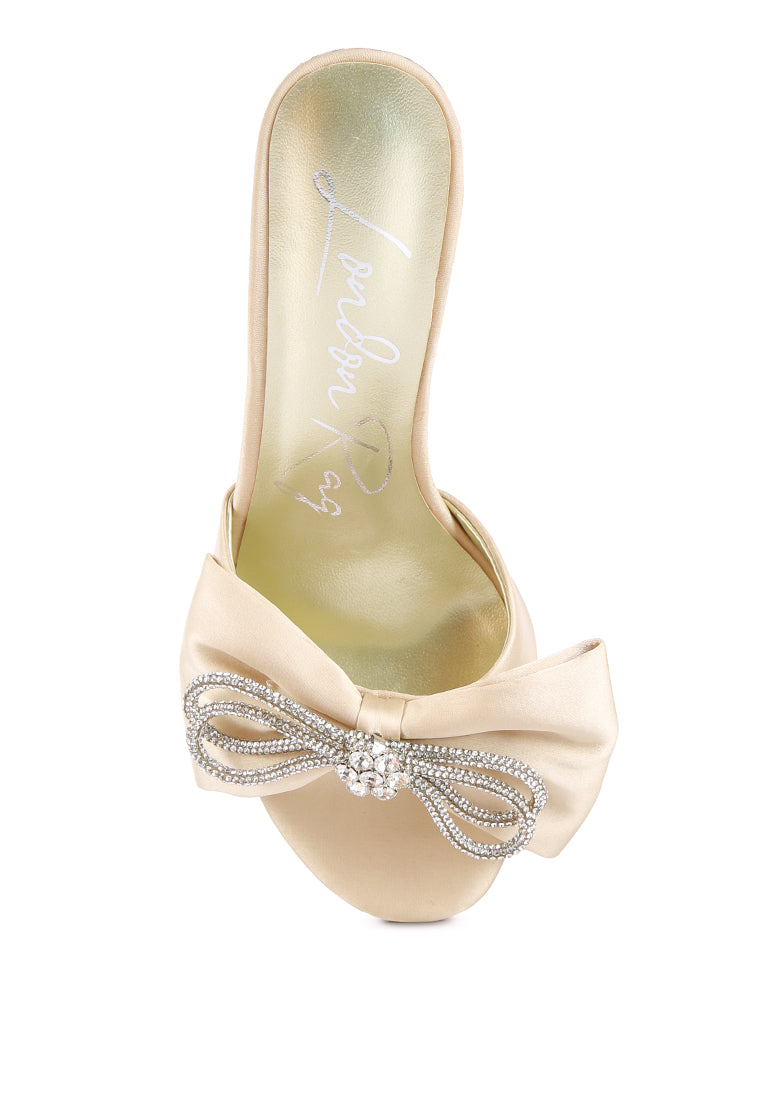 Brag In Rhinestone Embellished Bow Satin Heels featuring a satin upper, rhinestone bow, and cushioned insoles, perfect for weddings and parties.