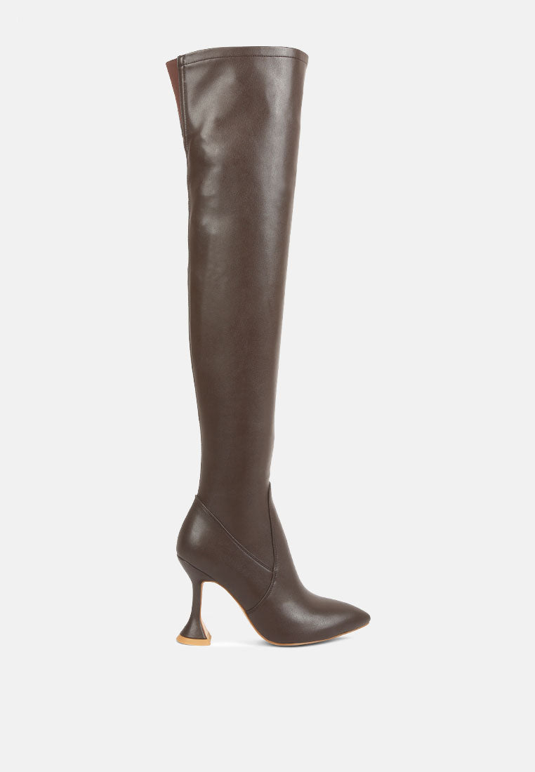 Brandy Faux Leather Over The Knee High Heeled Boots featuring a spool heel, quilted panel, and side zipper, perfect for winter fashion.