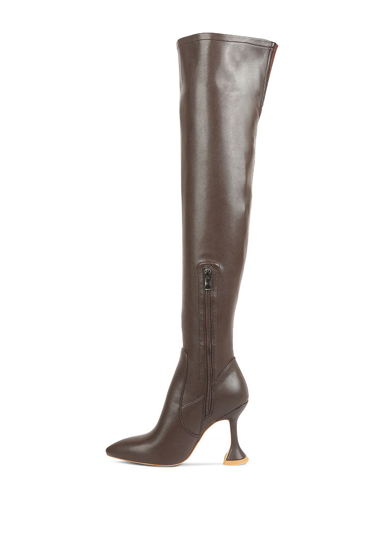 Brandy Faux Leather Over The Knee High Heeled Boots featuring a spool heel, quilted panel, and side zipper, perfect for winter fashion.