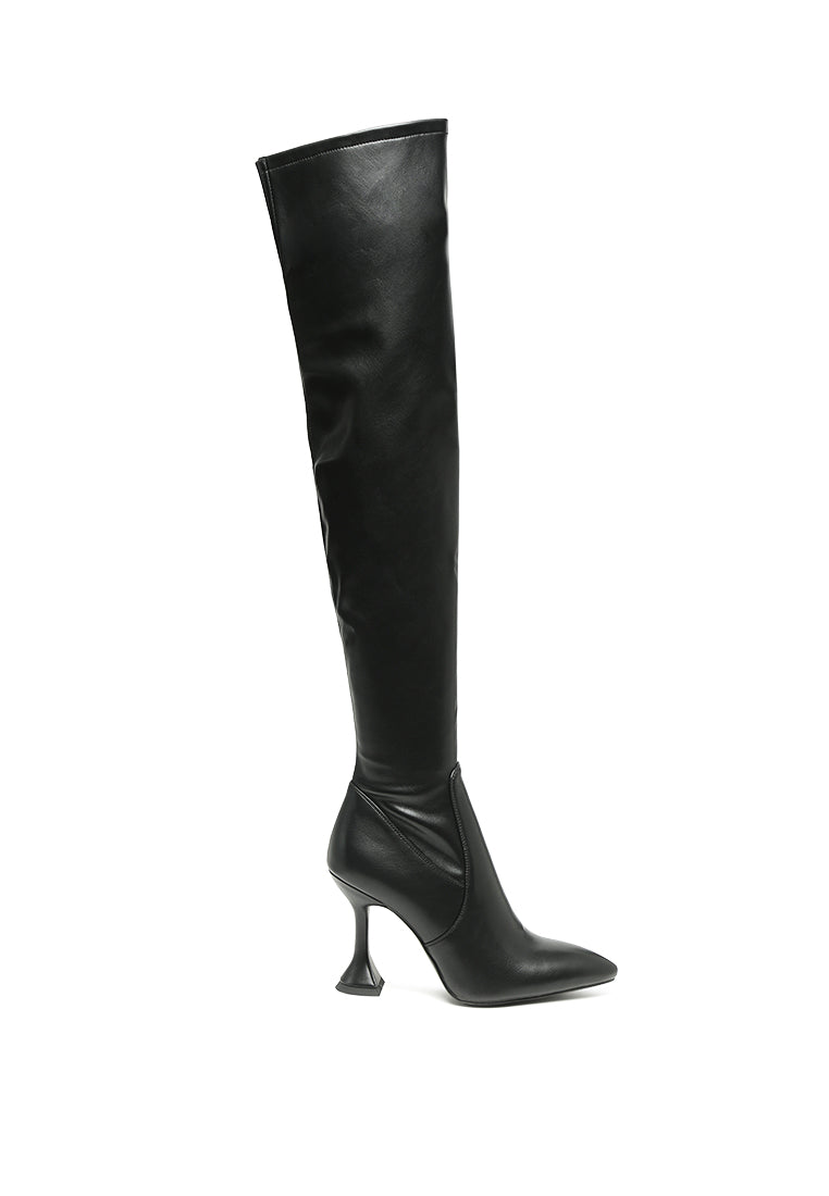 Brandy Faux Leather Over The Knee High Heeled Boots featuring a spool heel, quilted panel, and side zipper, perfect for winter fashion.