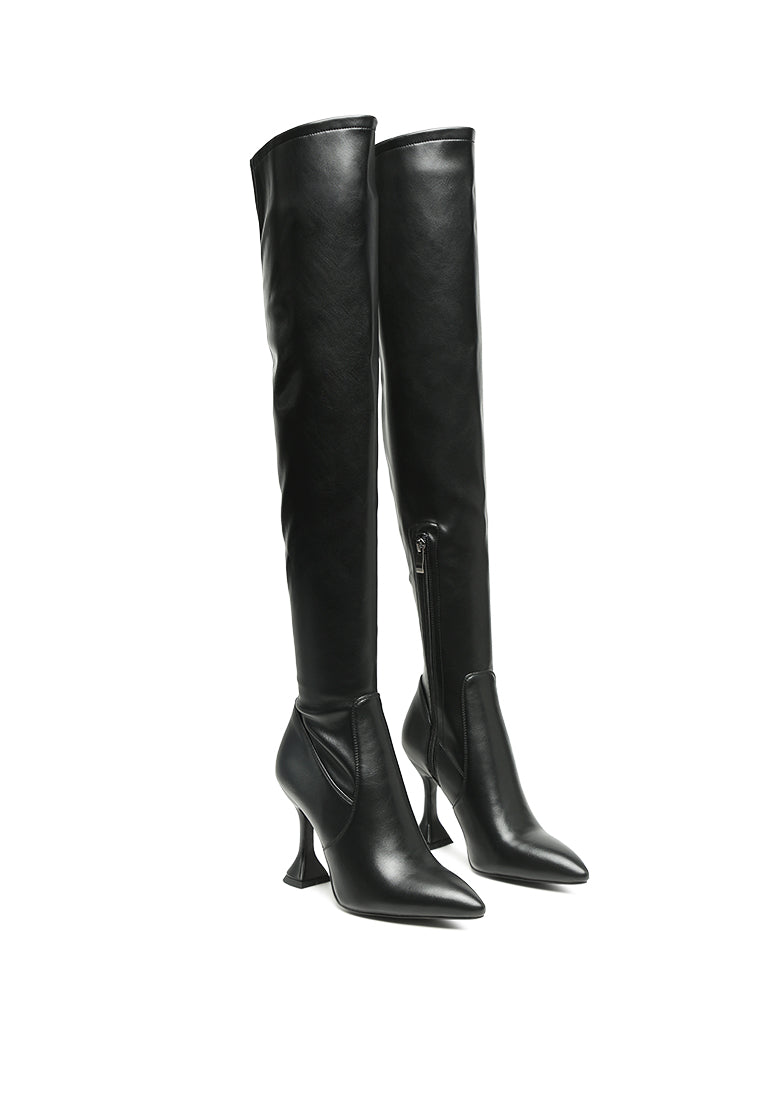 Brandy Faux Leather Over The Knee High Heeled Boots featuring a spool heel, quilted panel, and side zipper, perfect for winter fashion.