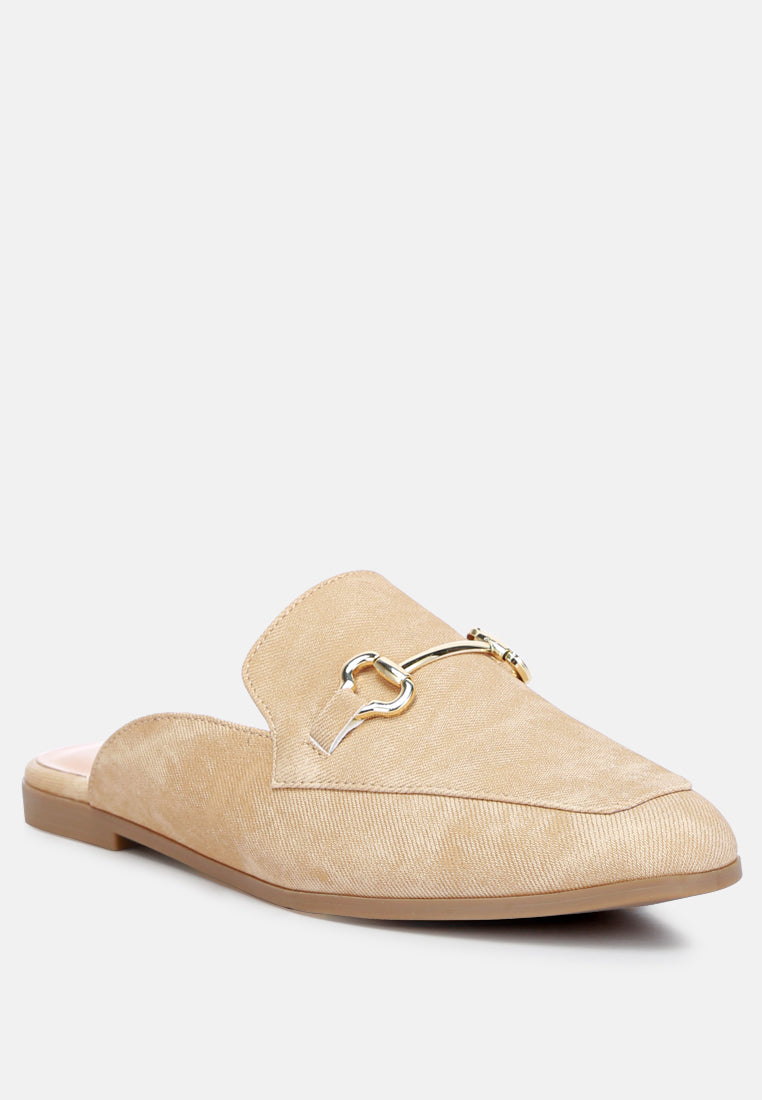 Briar Horsebit Embellishment Slip On Mules featuring a sleek canvas upper and stylish horsebit detail.