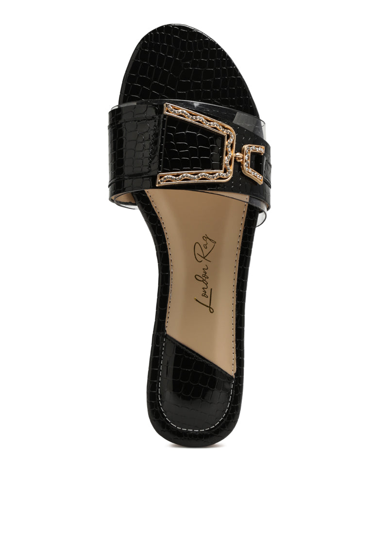 Brillo Jewel Croc Flats featuring a croc patterned faux leather upper with jewel detail strap and open round toe design.