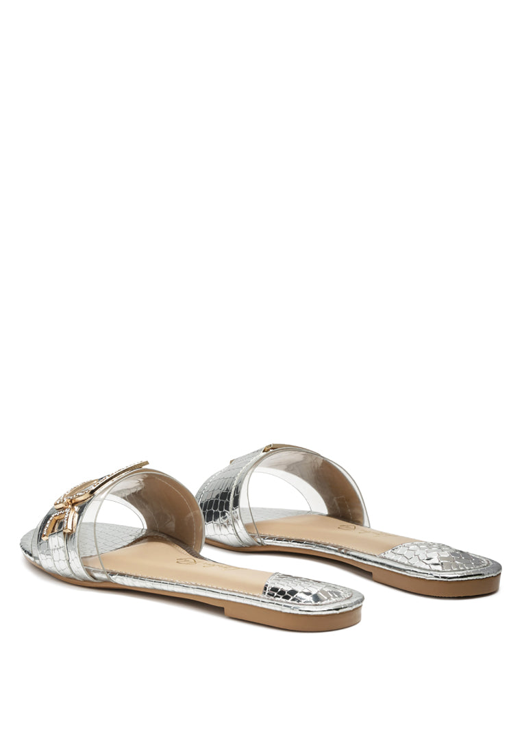 Brillo Jewel Croc Flats featuring a croc patterned faux leather upper with jewel detail strap and open round toe design.