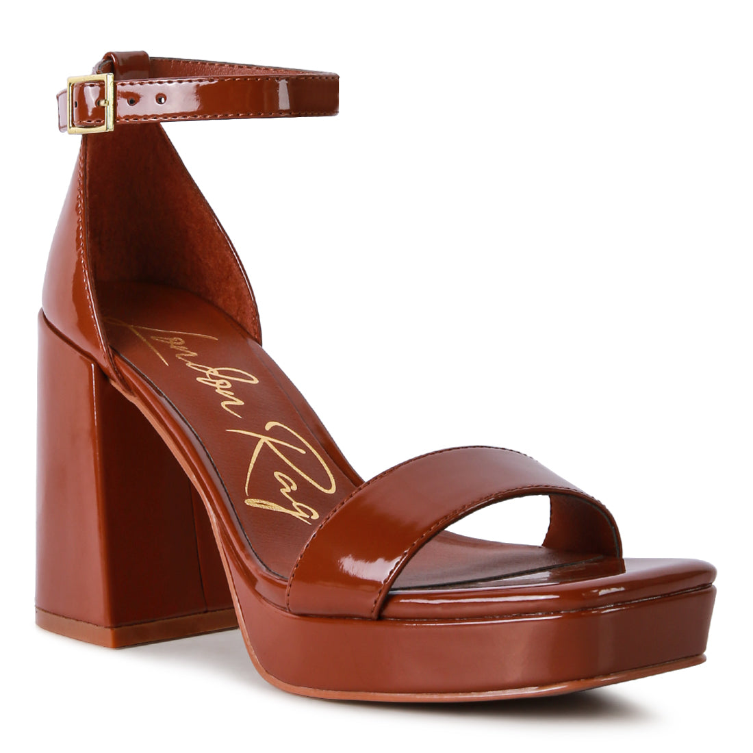 Brown high block heeled platform sandals with shiny thin straps and square-cut toe design, featuring a pin buckle fastening.