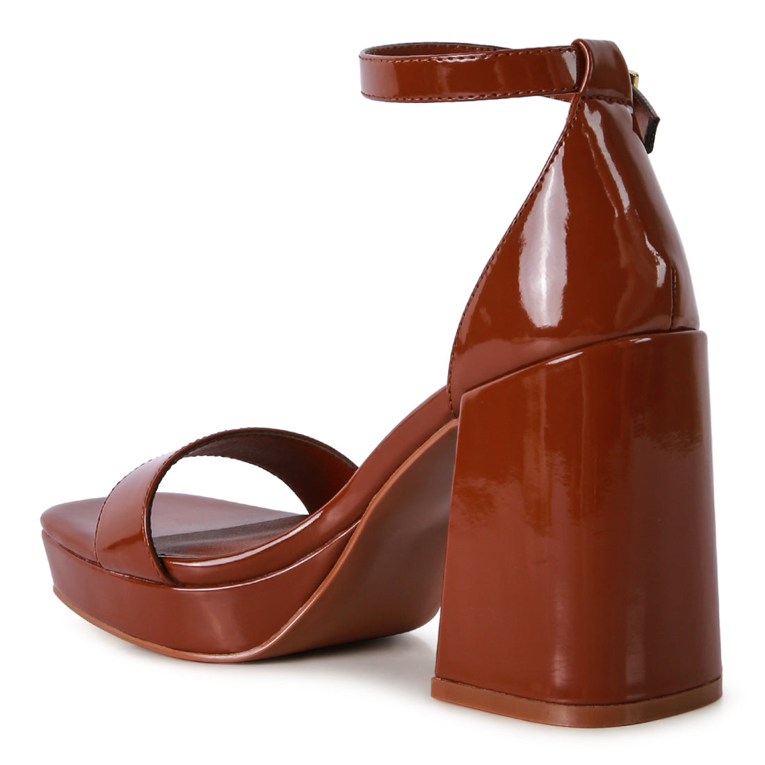 Brown high block heeled platform sandals with shiny thin straps and square-cut toe design, featuring a pin buckle fastening.