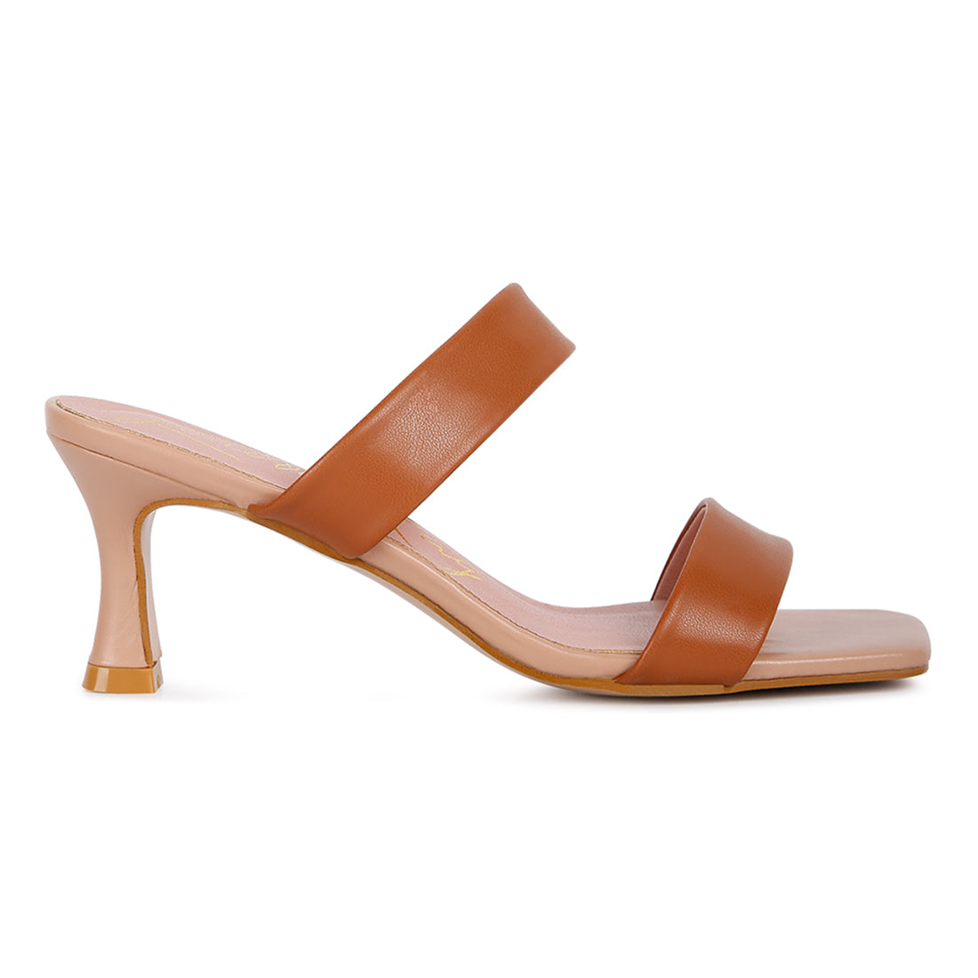 Brown mid heel sandals featuring a two strap design and open square toe, perfect for casual outfits.