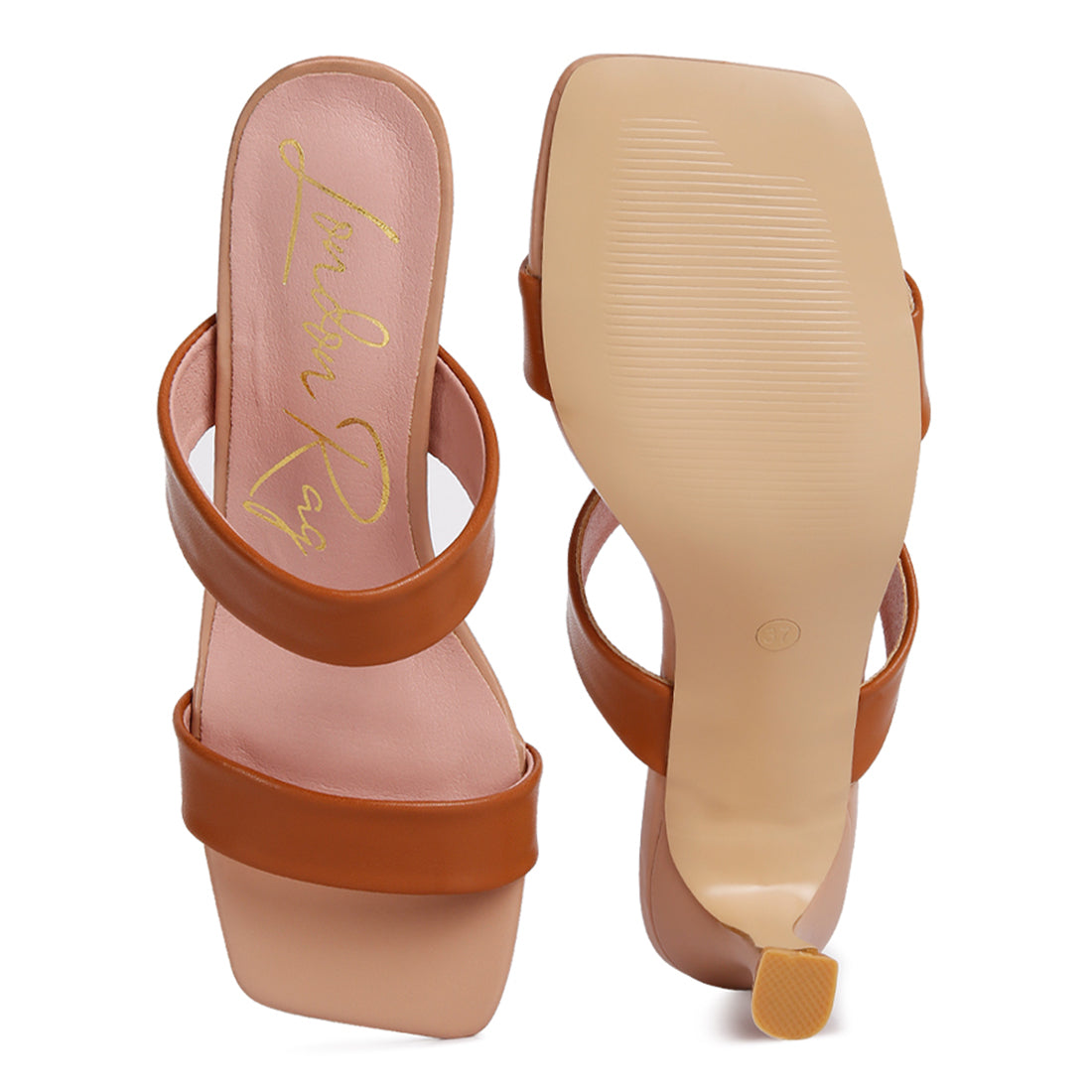 Brown mid heel sandals featuring a two strap design and open square toe, perfect for casual outfits.