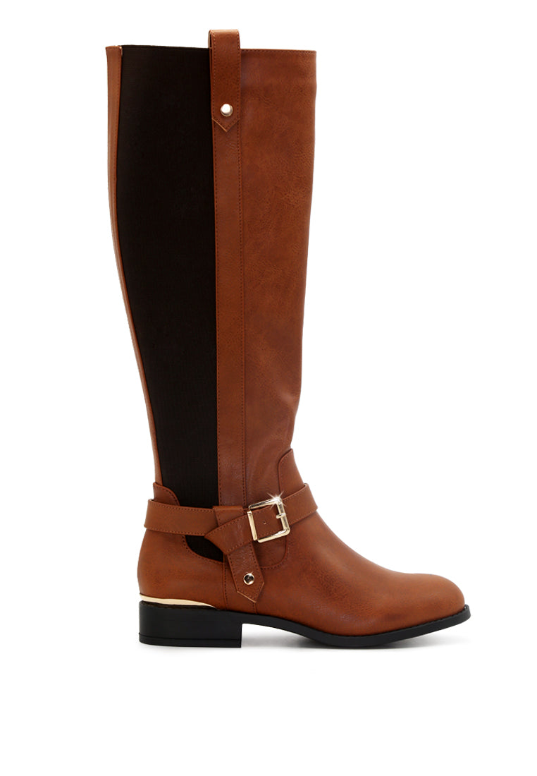 Buckle Detail Wide Calf Boots featuring a stylish buckle at the ankle, round toe, and side zipper for easy wear.